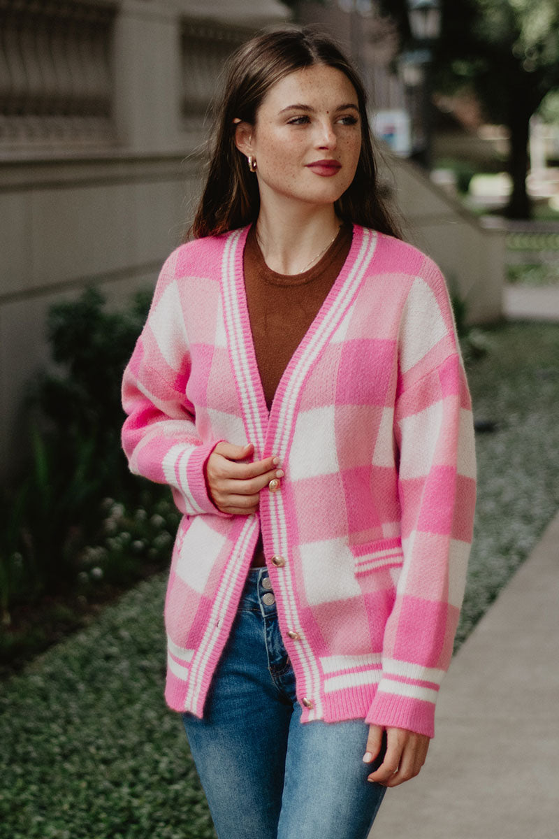 Plaid Knitted Wholesale Cardigan | Pink Cardigans | Katydid Wholesale