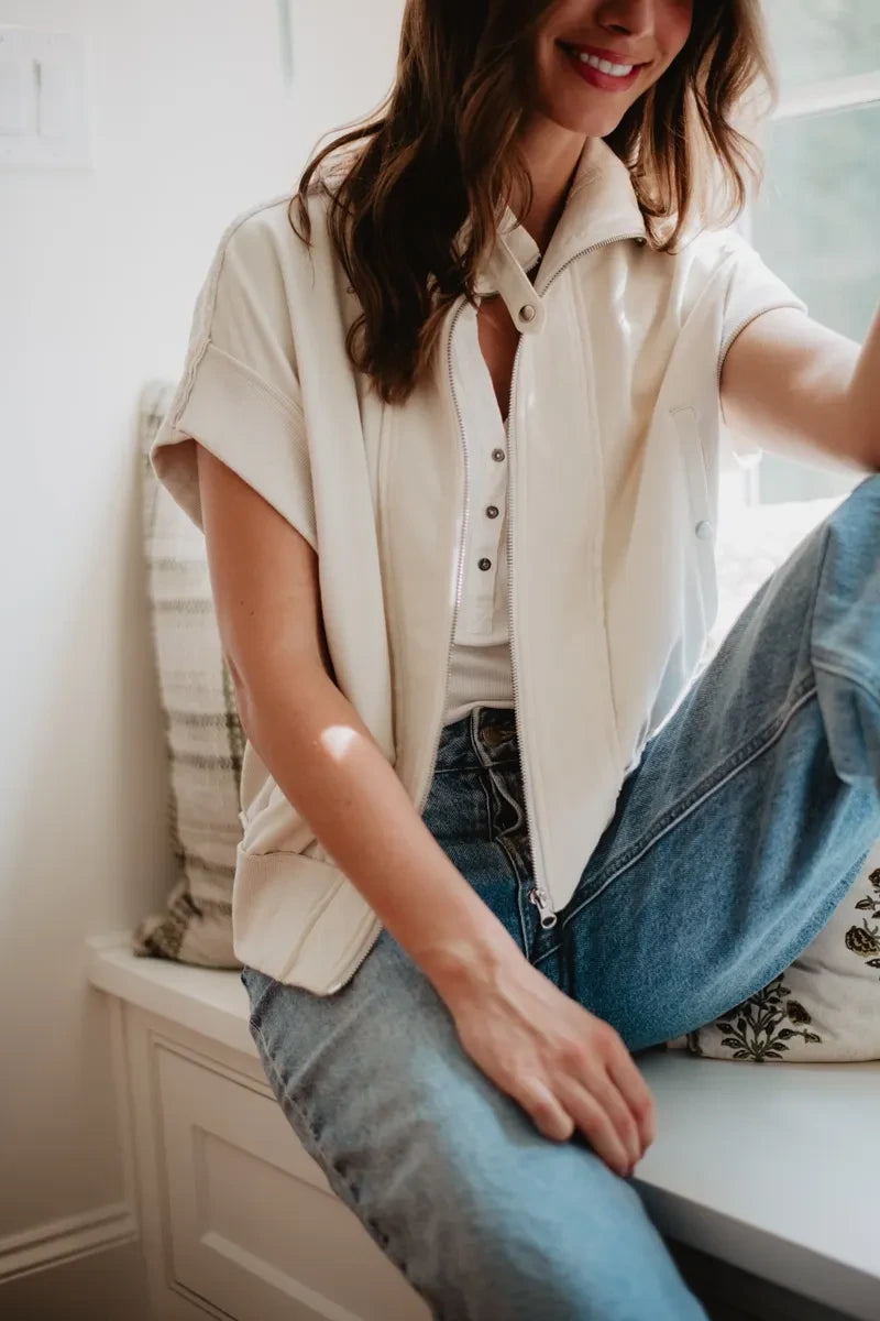 Cream Cropped Denim Wholesale Utility Vest