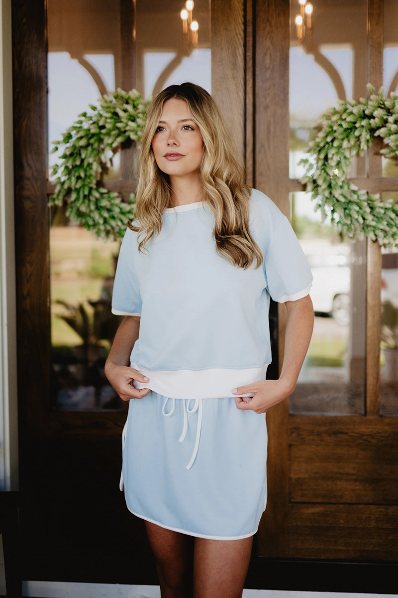 Light Blue and White Contrast Skirt Wholesale Sets