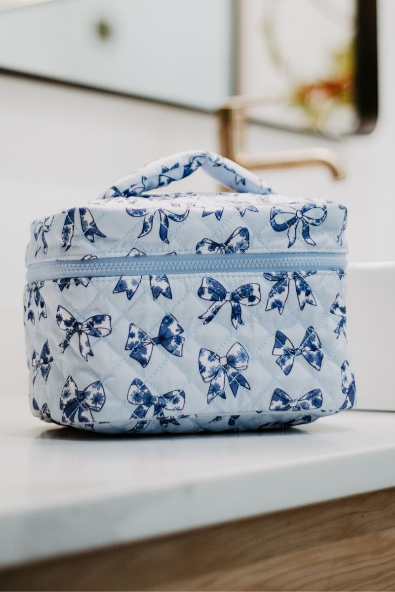 Light Blue Toile Bows Makeup Bag