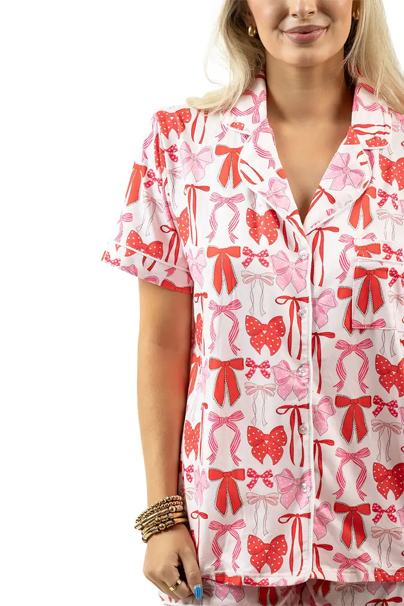Pink & Red Coquette Bows Wholesale Pajama Shorts Set