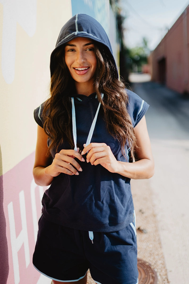 Navy Contrast Trim Hooded Sleeveless Set