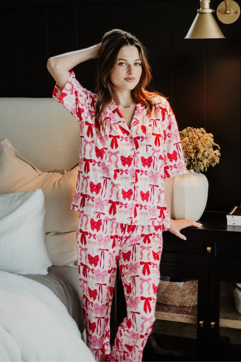 Pink & Red Coquette Bows Wholesale Pajama Pants Set