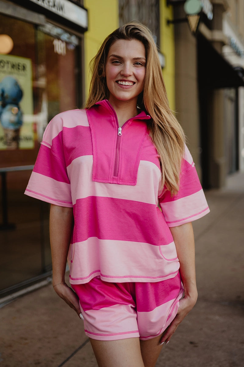 Hot Pink Wholesale Striped Rugby Shorts Set
