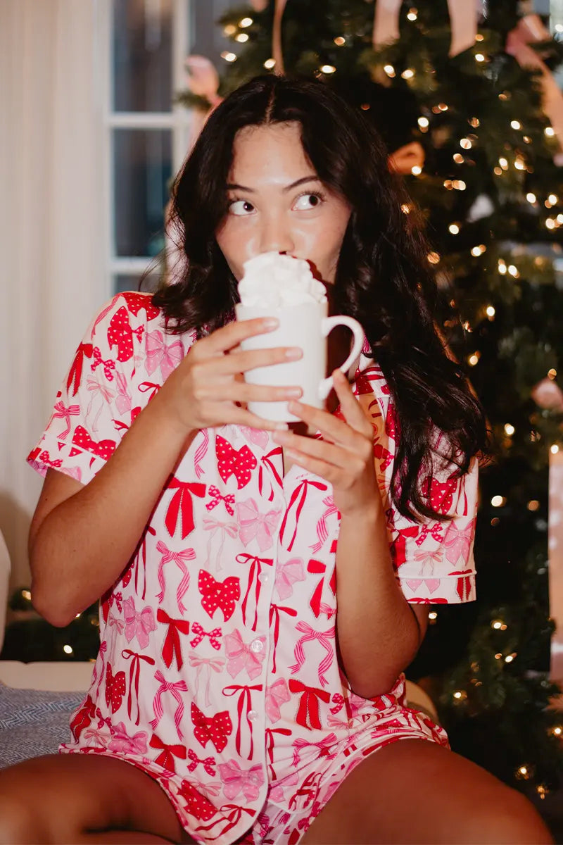 Pink Red Bows Wholesale Pajama Shorts Set Wholesale PJs Katydid
