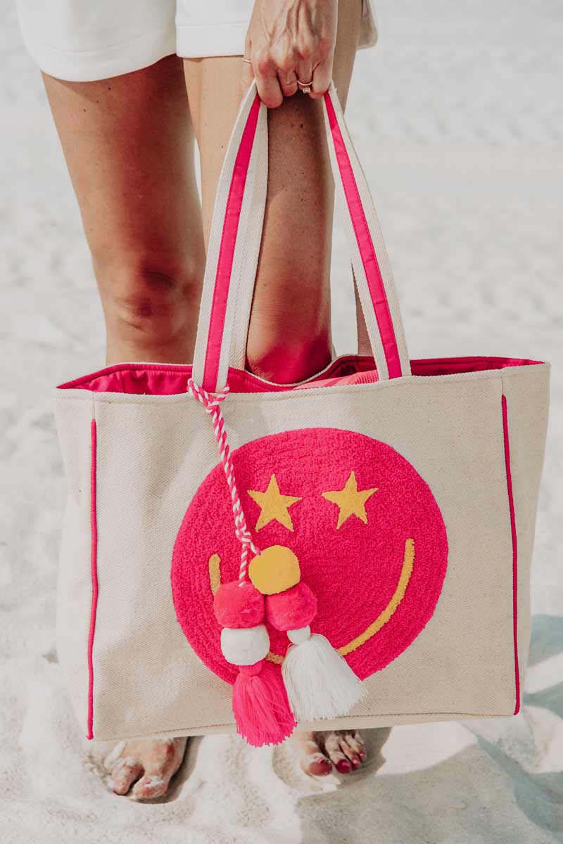 Hot Pink Star Eye Happy Face Wholesale Canvas Tote Bag