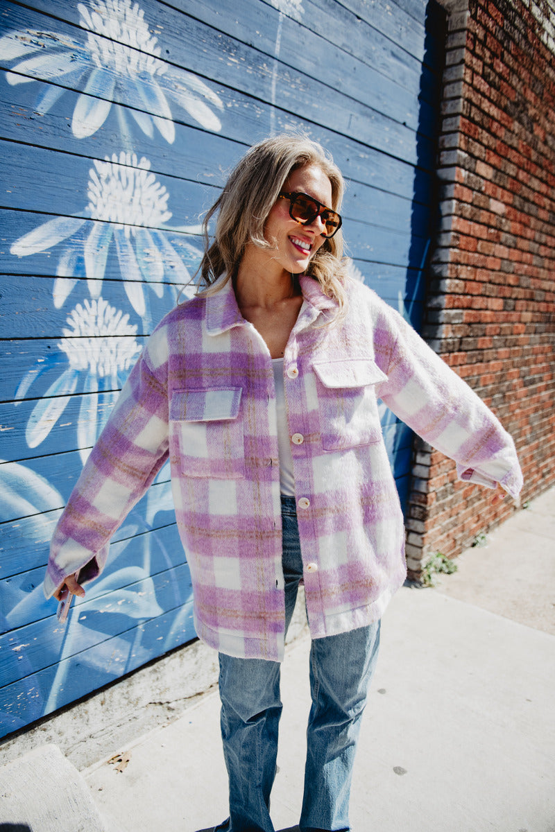 Purple Plaid Checker Women's Shackets | Katydid Wholesale
