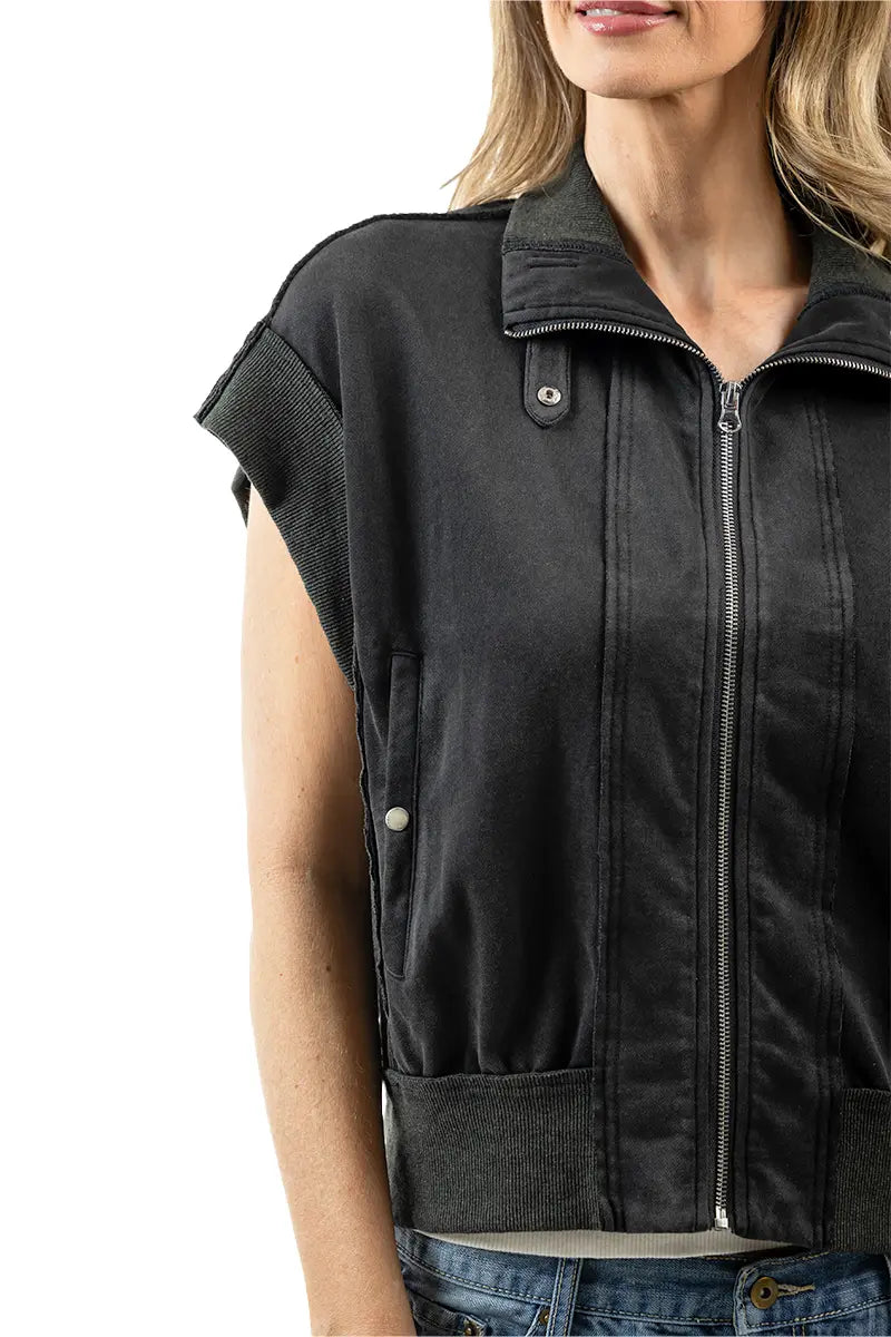 Black Garment Washed Wholesale Cropped Denim Vests