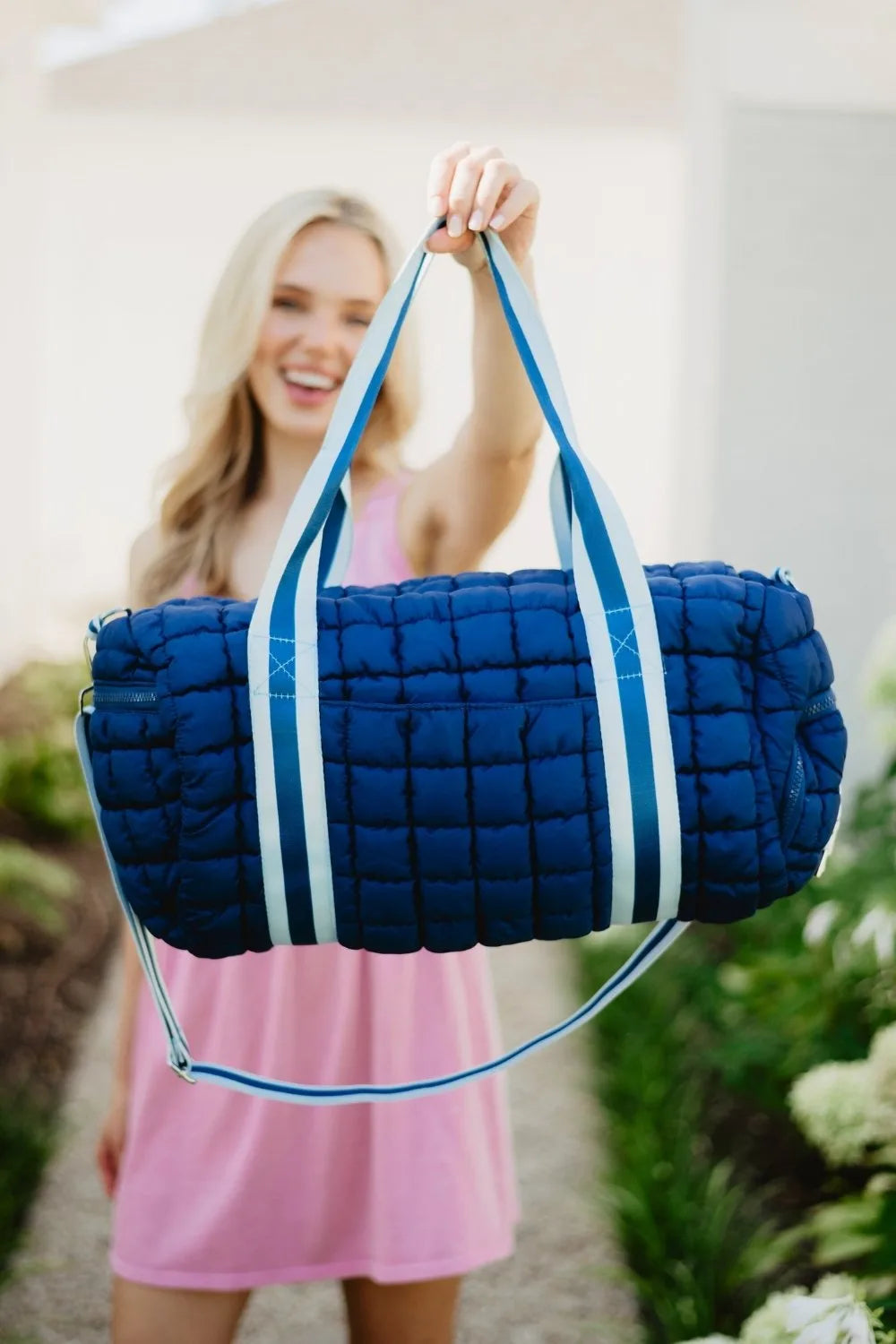 Navy Striped Quilted Duffel | Wholesale Travel Bags | Katydid