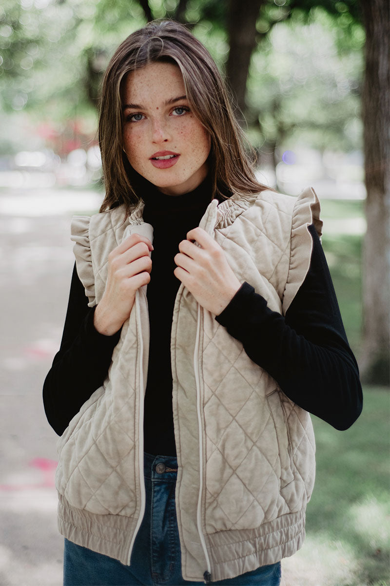 Garment Washed Quilted Ruffle Sleeve Vests | USA Designed
