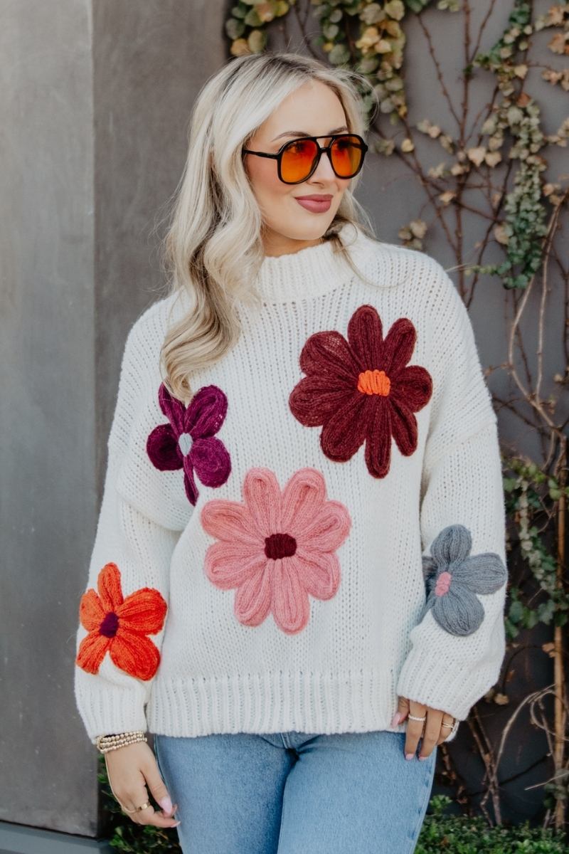 White Knit Floral Stitched Wholesale Sweater
