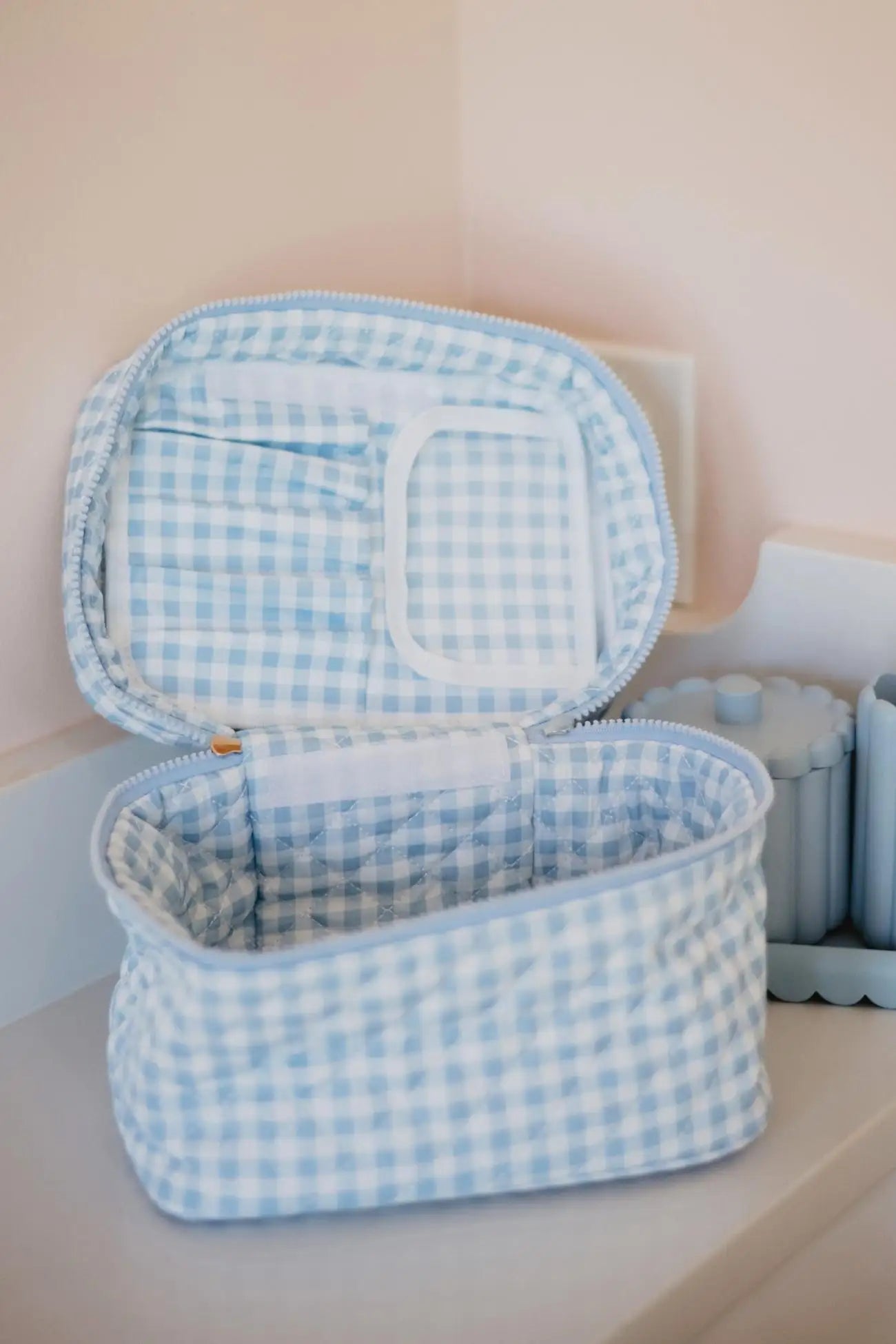 Light Blue Plaid Wholesale Cosmetic Bag for Makeup
