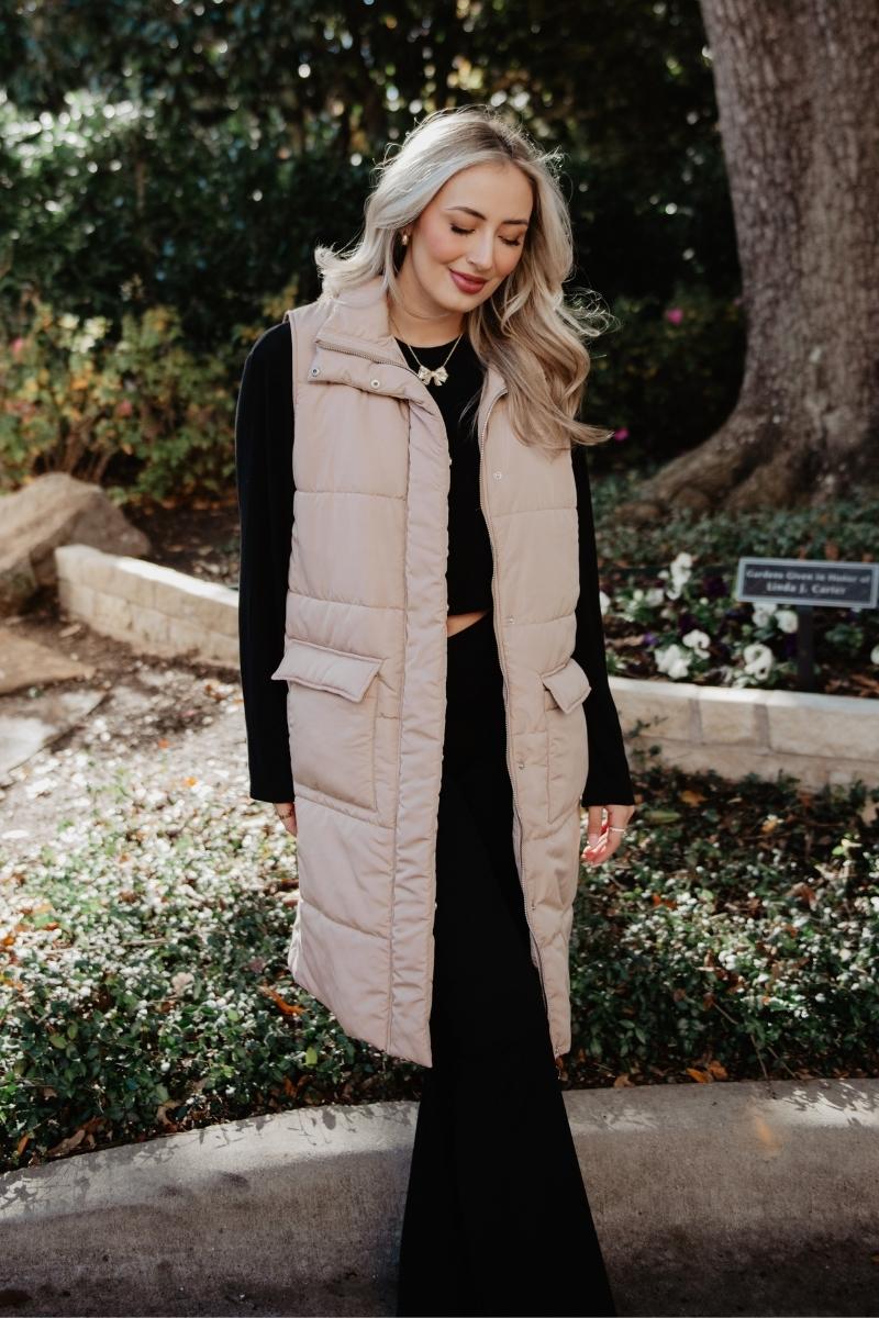 Tan Long Quilted Puffer Vests