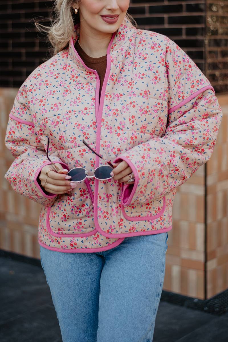 Pink Dainty Floral Women's Wholesale Quilted Jacket