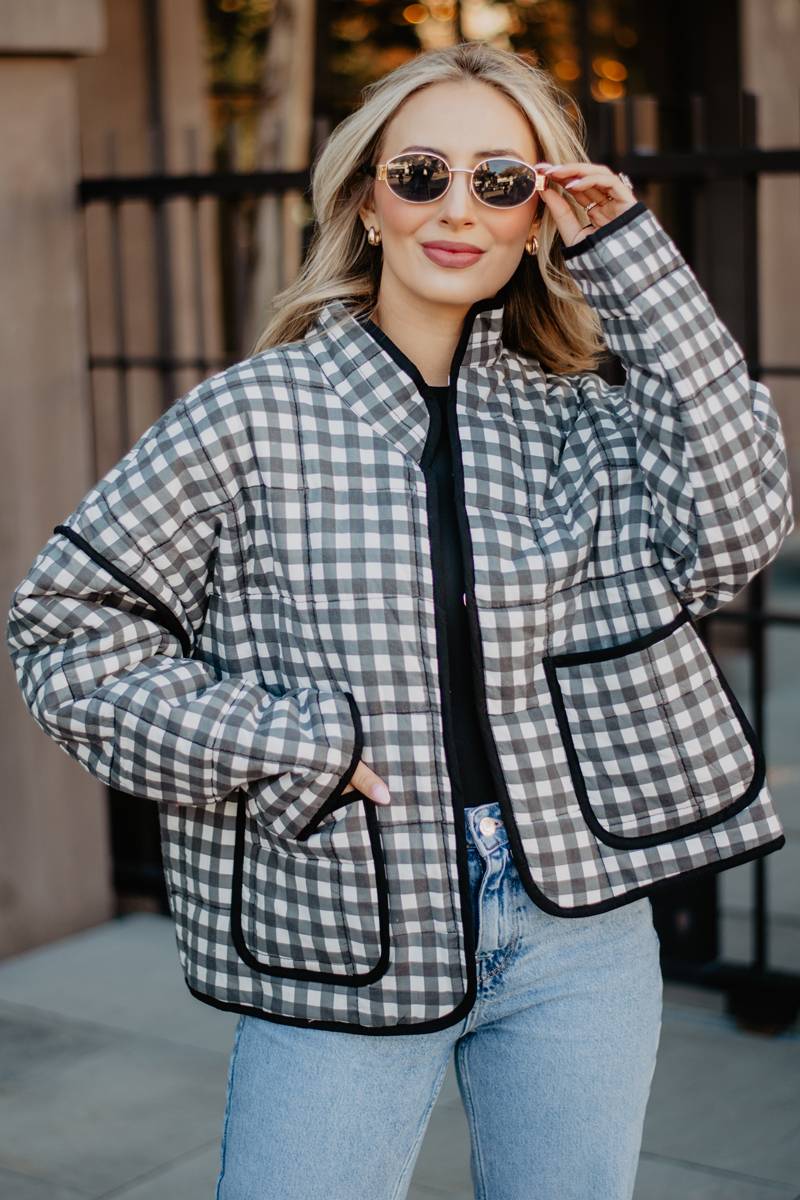 Black White Checkered Wholesale Quilted Jacket Katydid Wholesale