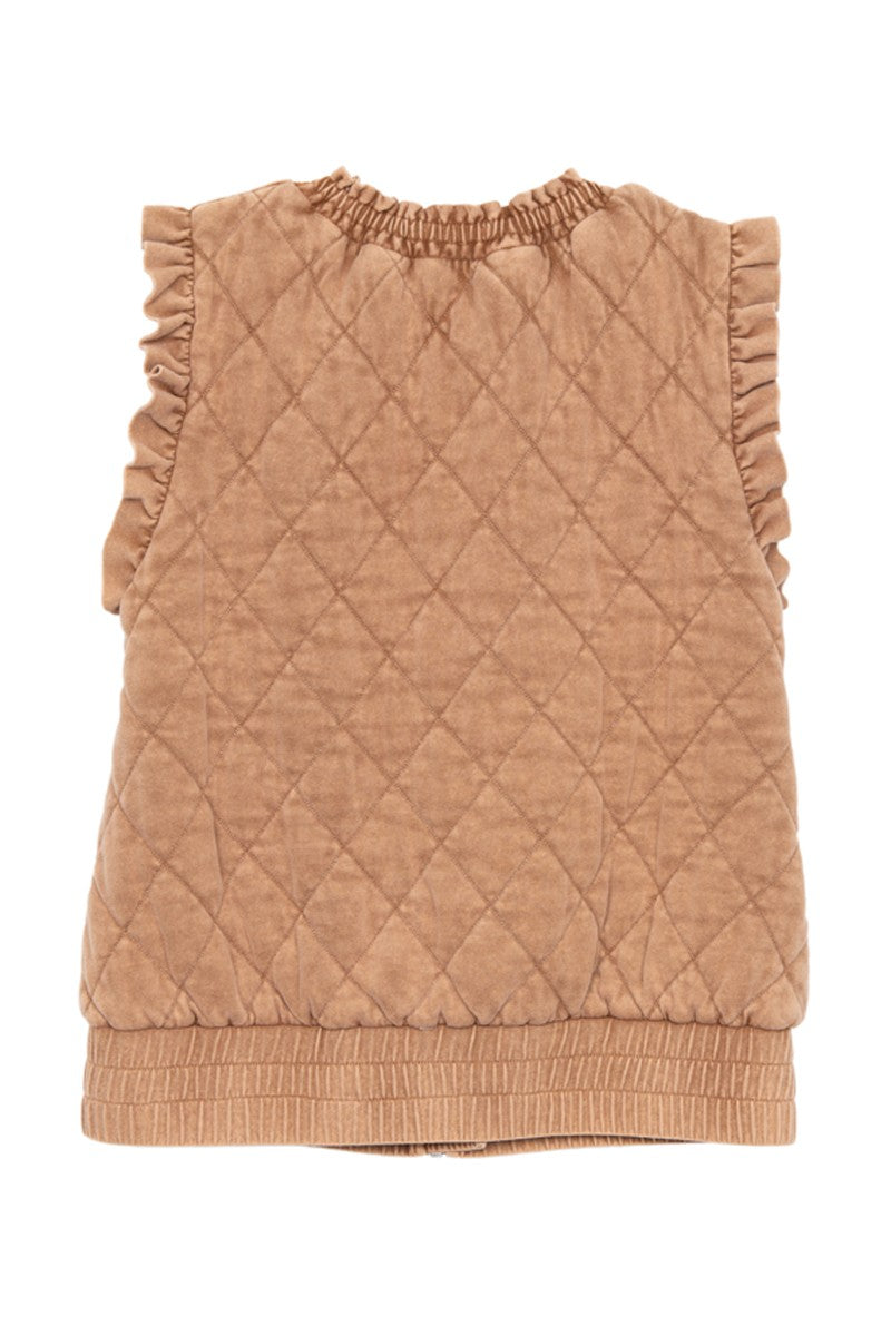 Brown Garment Washed Quilted Ruffle Sleeve Vests