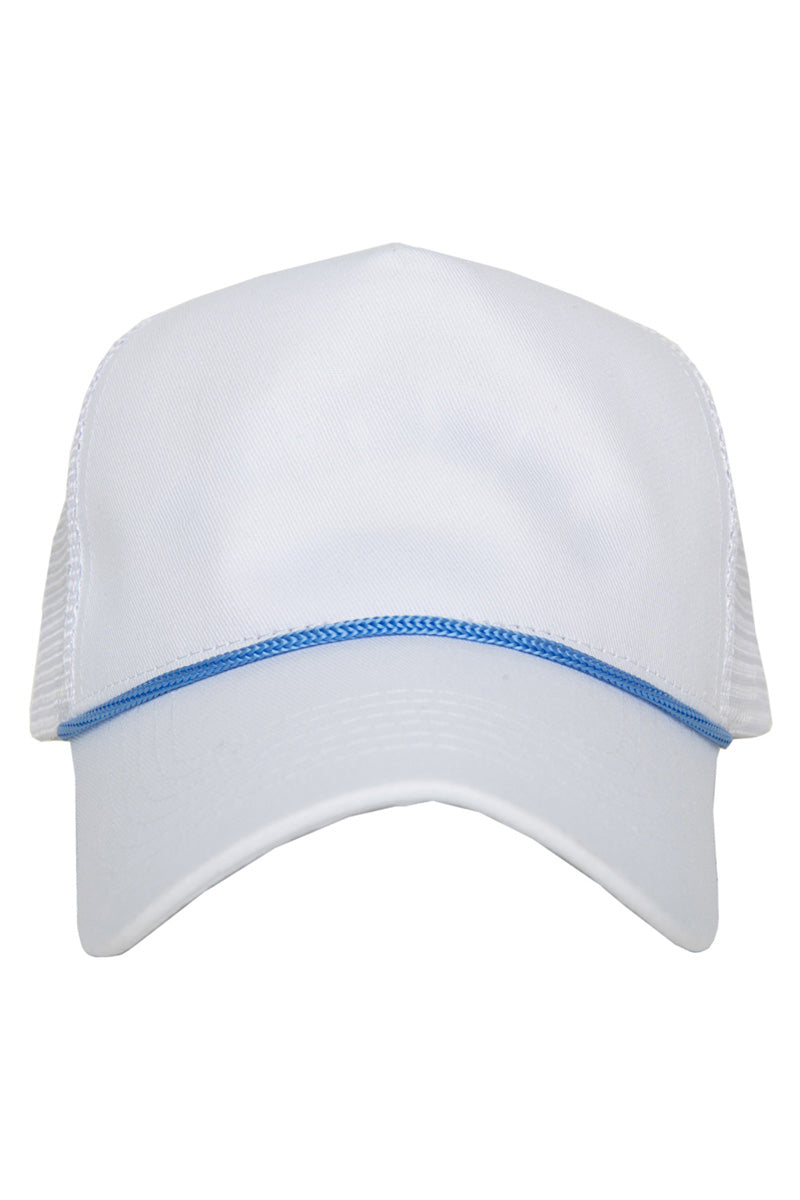 White Wholesale Fabric Trucker Hat with Light Blue Rope
