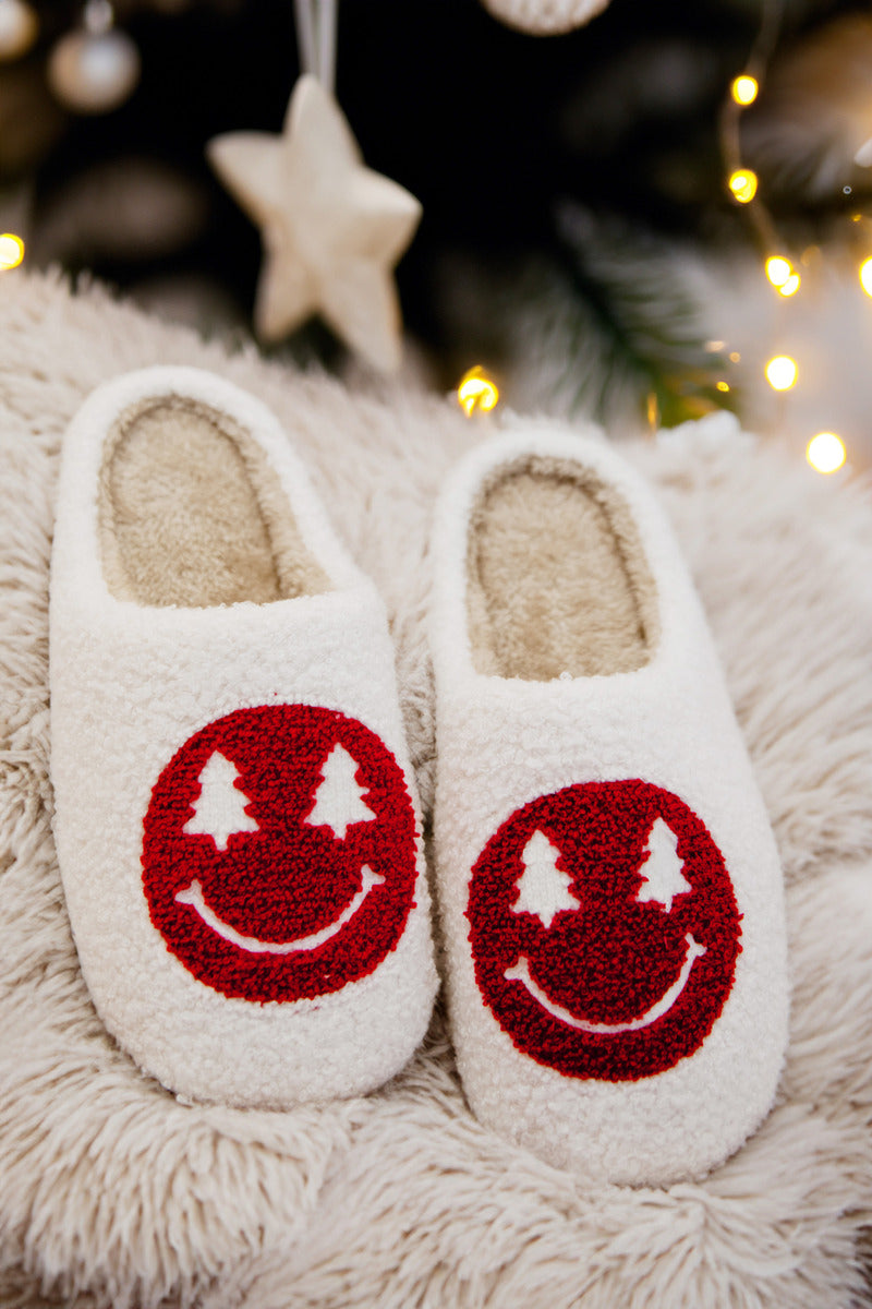 Red Christmas Tree Eyes Wholesale Fuzzy Happy Face Slippers