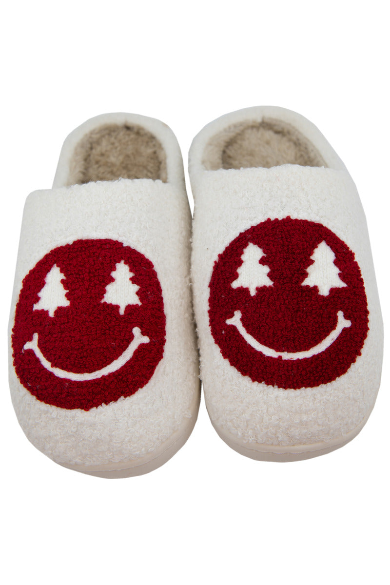 Red Christmas Tree Eyes Wholesale Fuzzy Happy Face Slippers