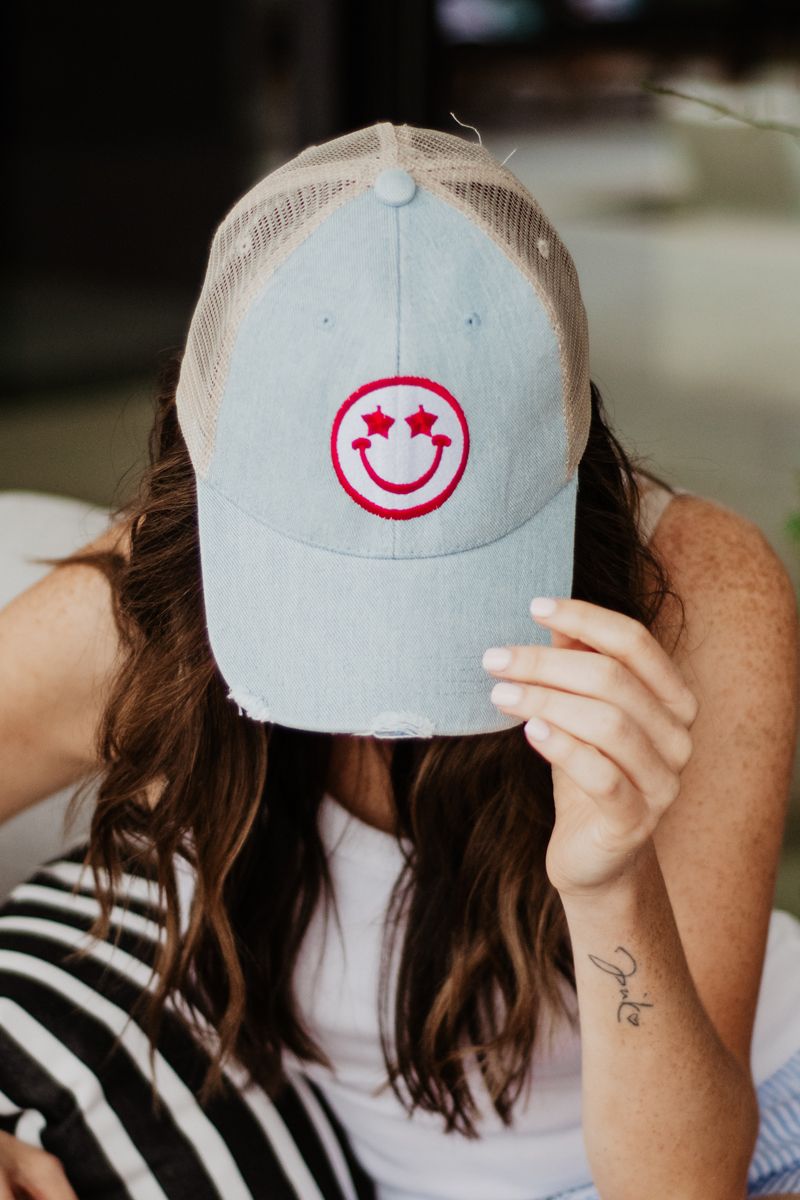 Star Eyed Happy Face Wholesale Denim Trucker Hat