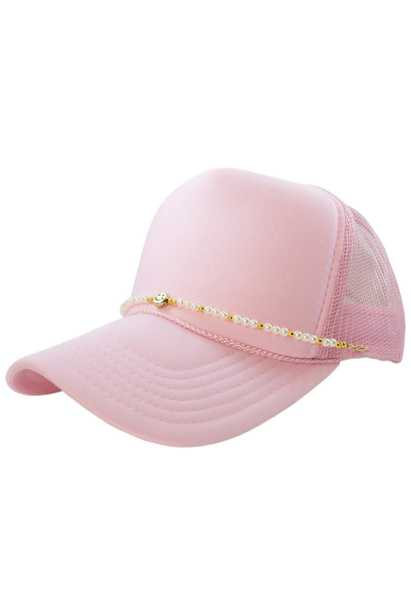 Gold and White Wholesale Pearls Happy Face Hat Chain