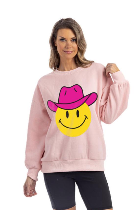 Pink Cowgirl Hat Happy Face Wholesale Graphic Sweatshirt
