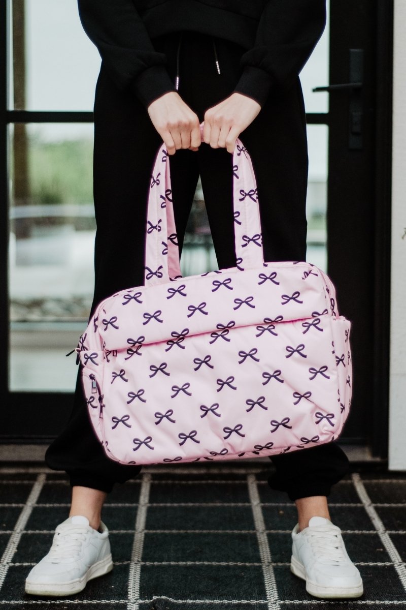 cute travel duffel bags Black & Pink Mini Bows Wholesale Duffel Weekender