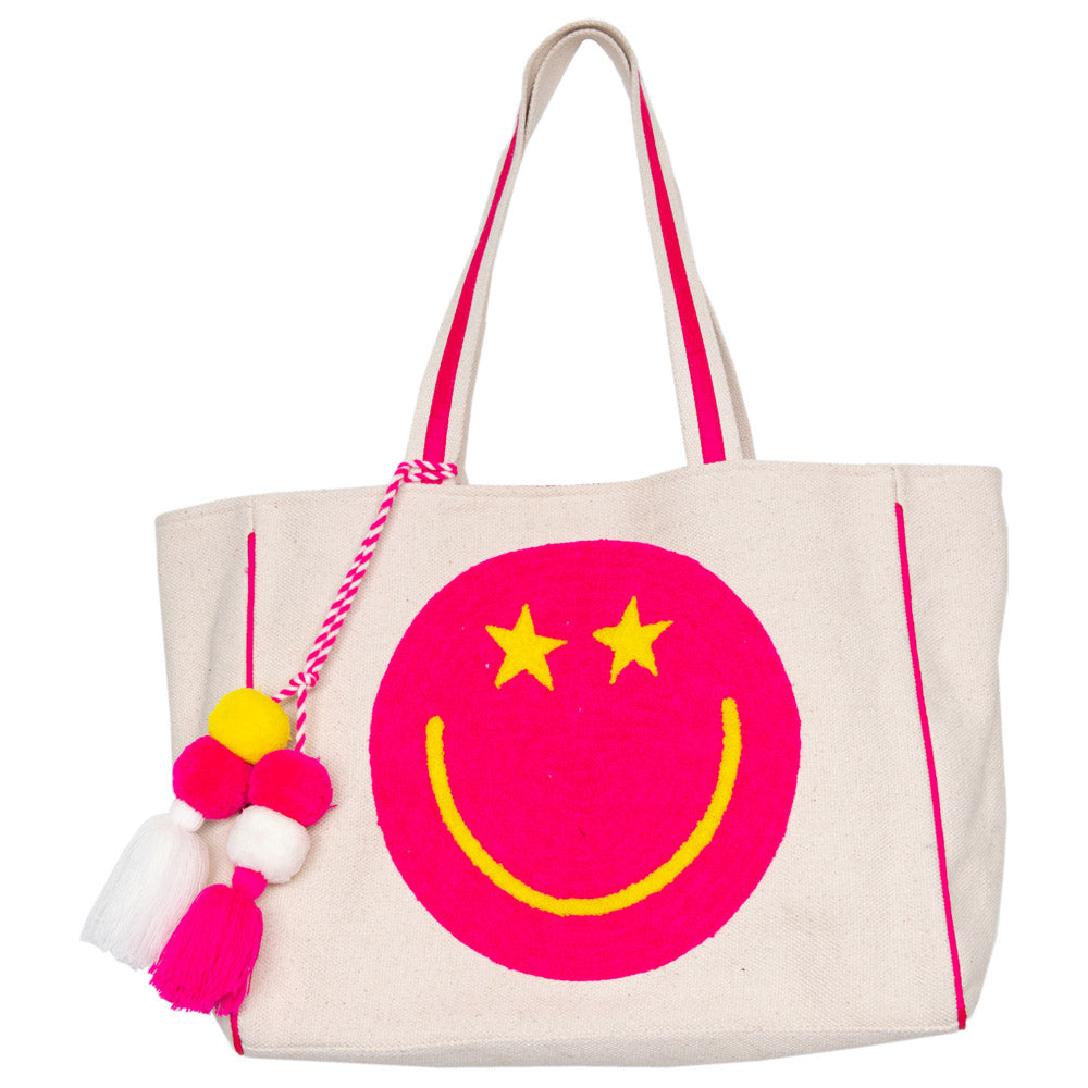 Hot Pink Star Eye Happy Face Wholesale Canvas Tote Bag