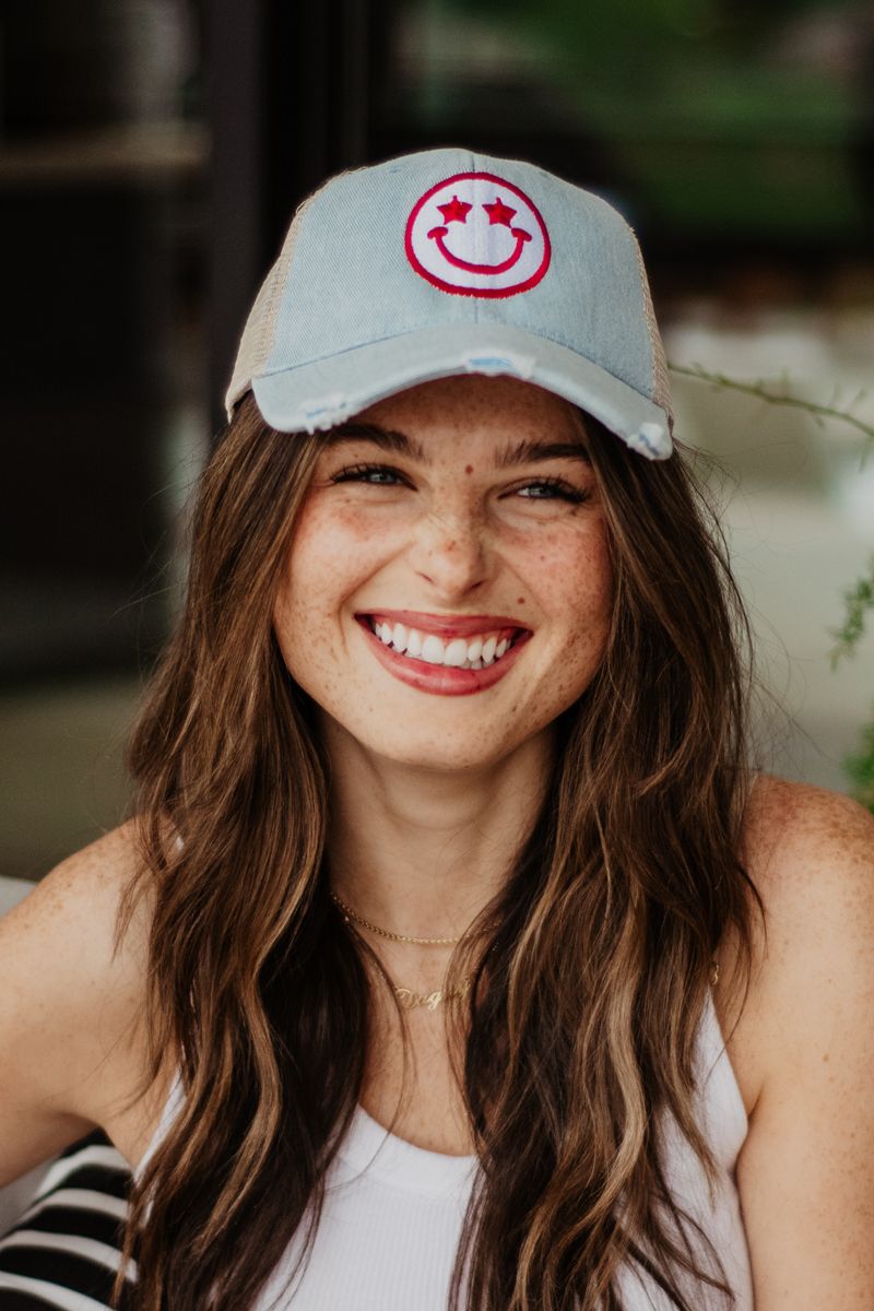 Star Eyed Happy Face Wholesale Denim Trucker Hat