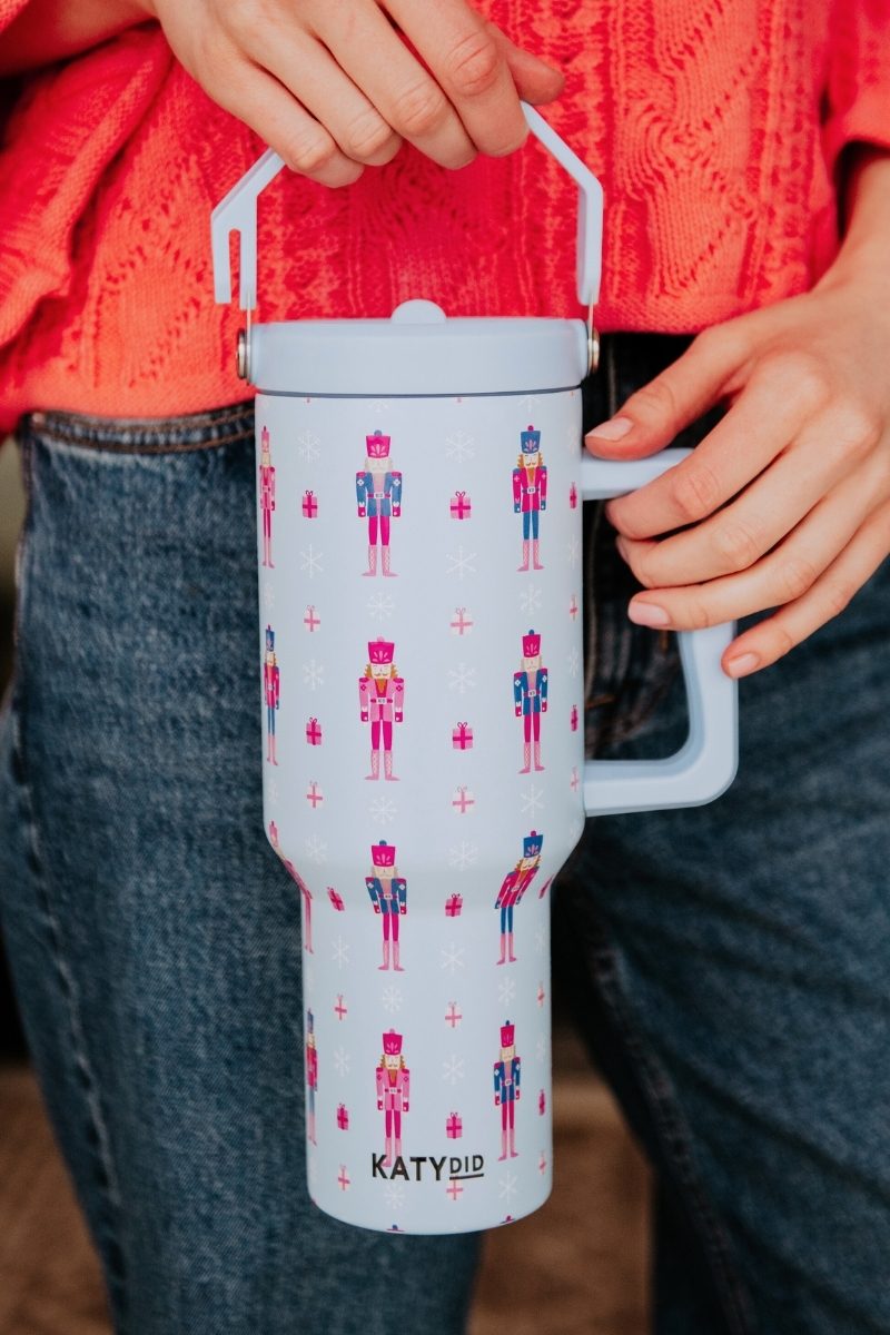 Nutcracker Light Blue Drink 38 Oz Tumbler with Lid Handle