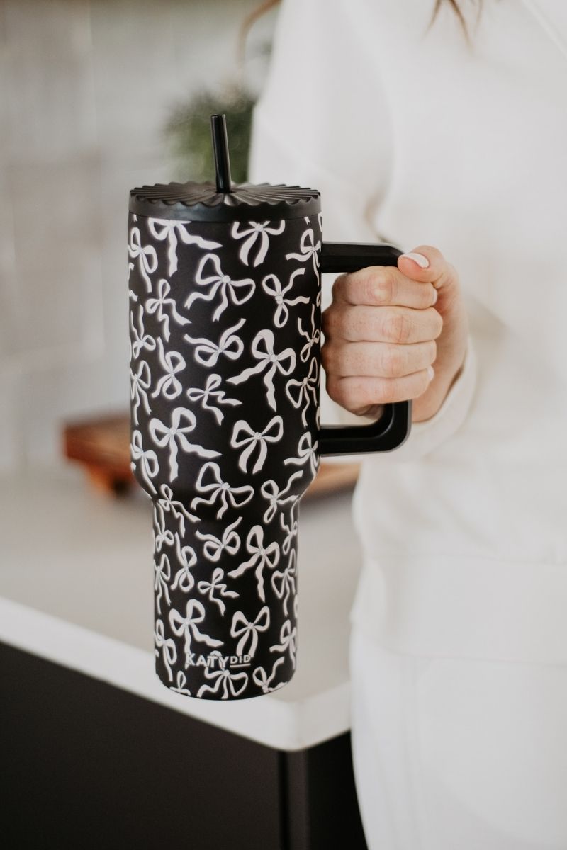 black coffee cups wholesale Black/White Bow Wholesale Tumbler Cup | Wholesale Drinkware | Katydid