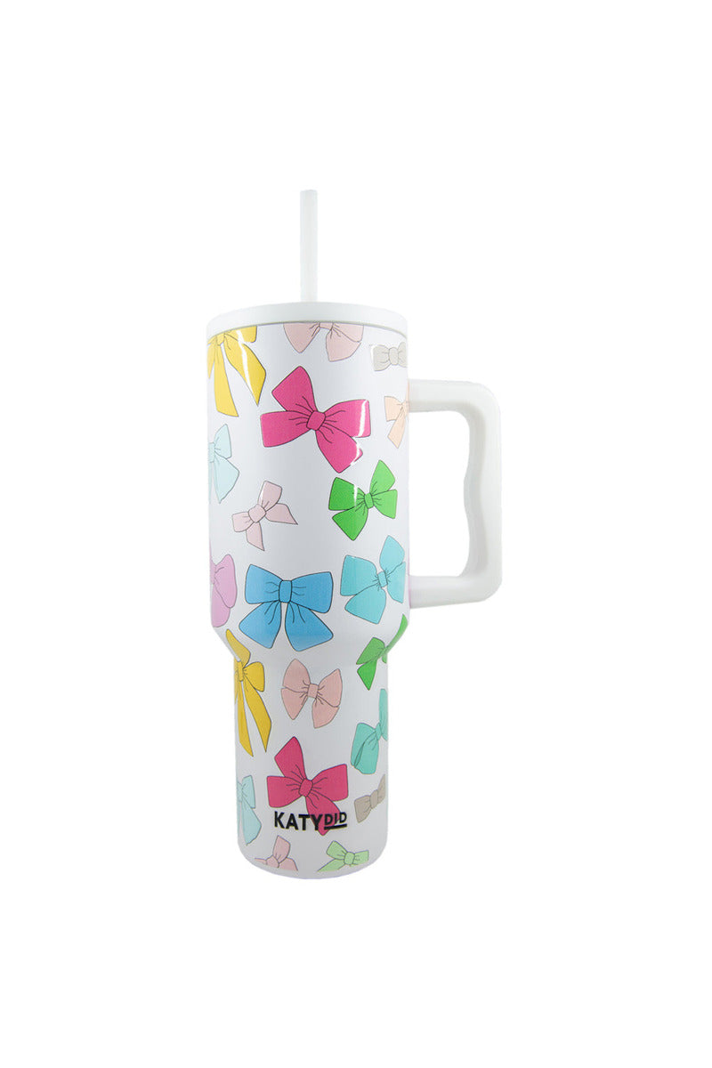 A bow-print multi-colored tumbler