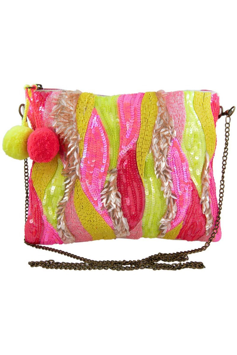 Pink Red Swirls Sequined Wholesale Clutch with Pom Poms