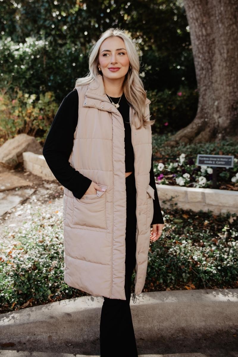 Tan Long Quilted Puffer Vests