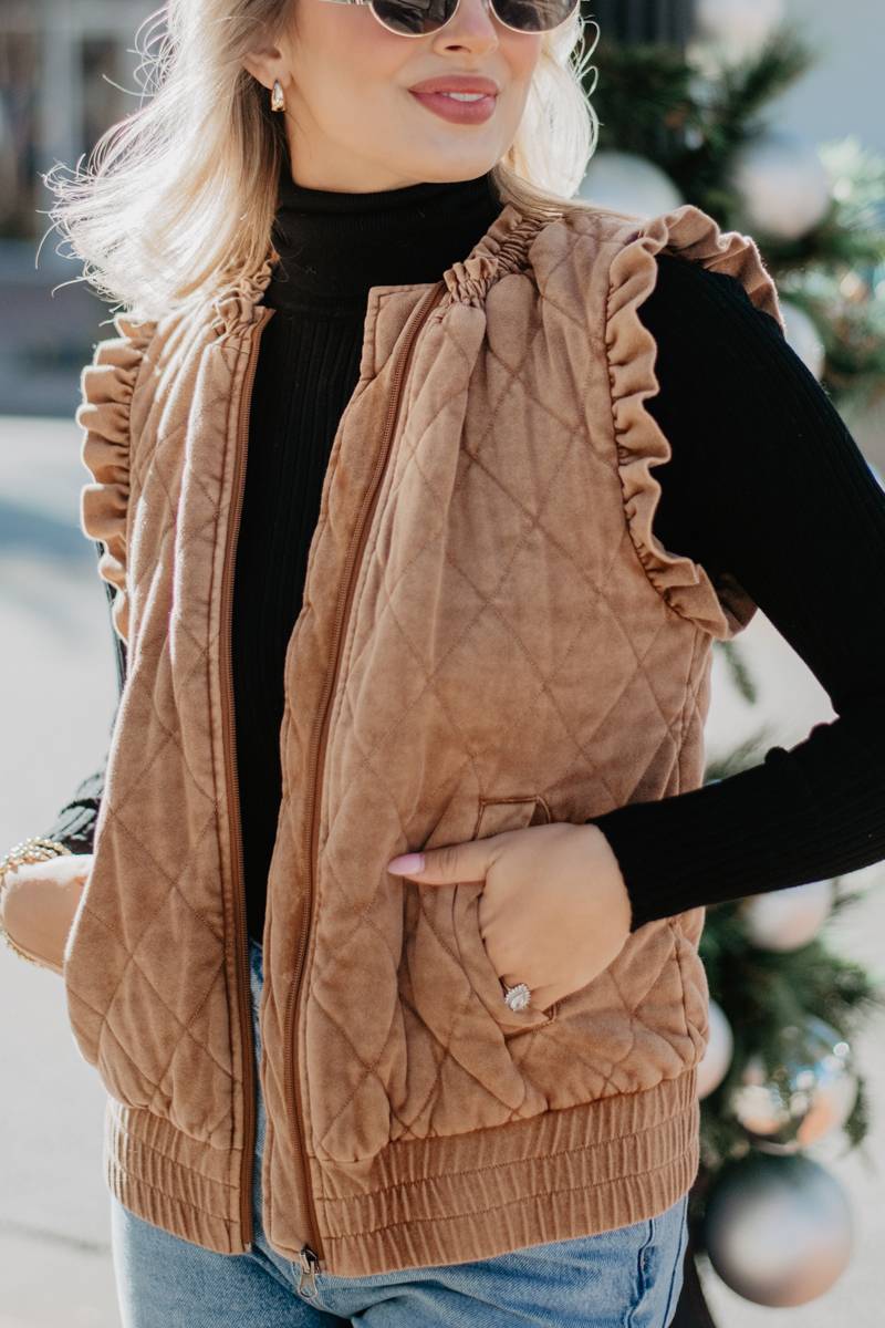 Brown Garment Washed Quilted Ruffle Sleeve Vests