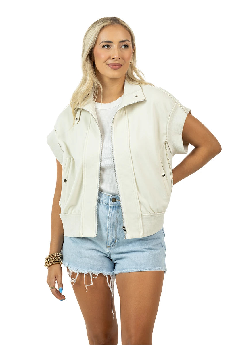 Cream Cropped Denim Wholesale Utility Vest