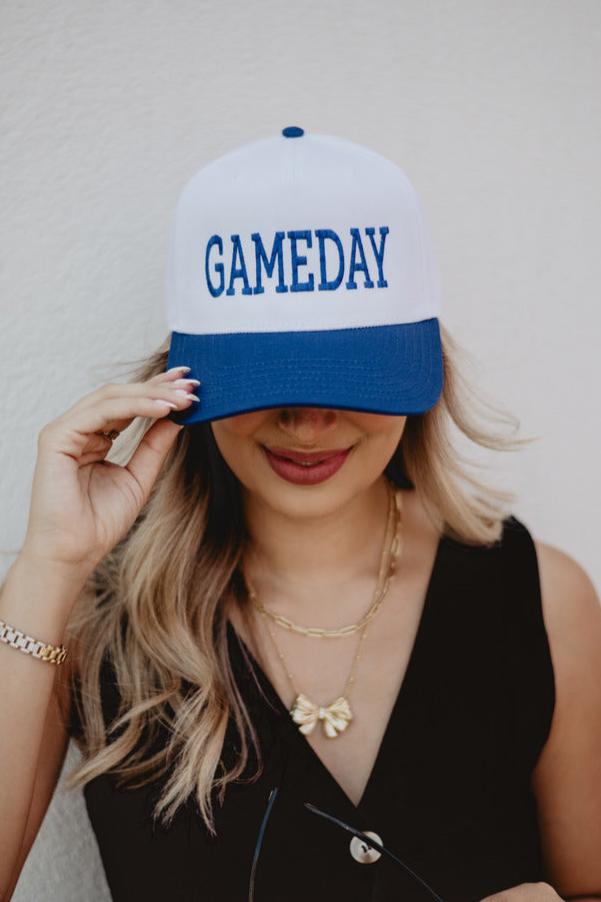 Woman wearing a vintage two-toned blue gameday hat