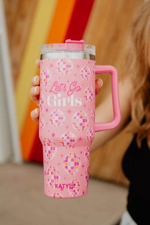A pink disco ball print tumbler