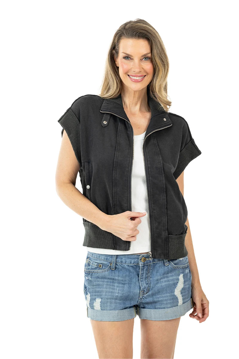 Black Garment Washed Wholesale Cropped Denim Vests