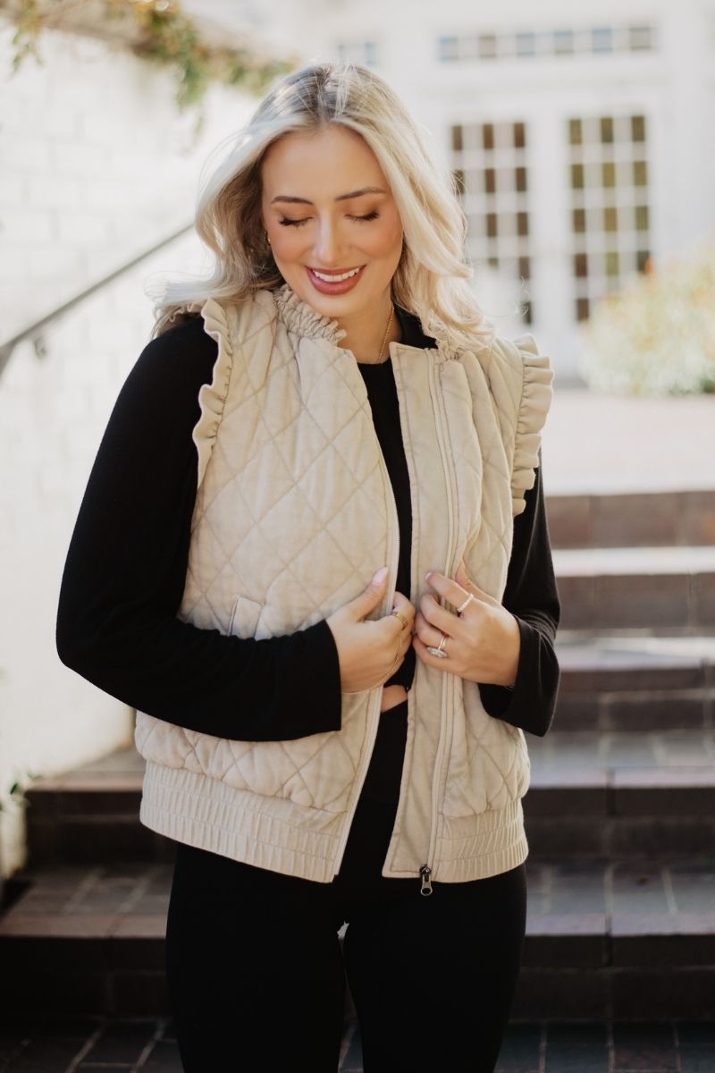 Garment Washed Quilted Ruffle Sleeve Vests | USA Designed