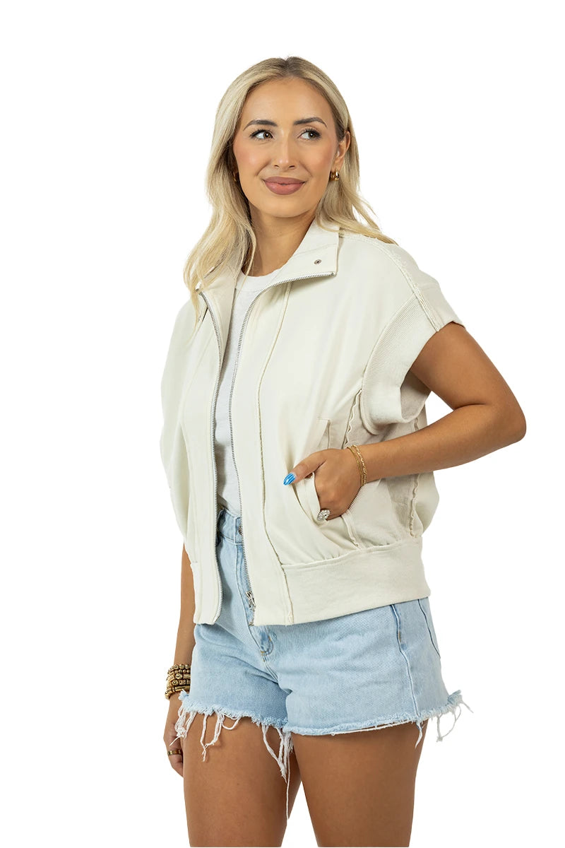 Cream Cropped Denim Wholesale Utility Vest