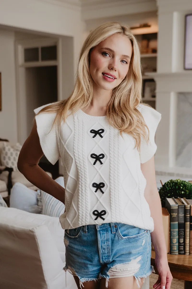 Short Sleeve Bow Sweater (White)