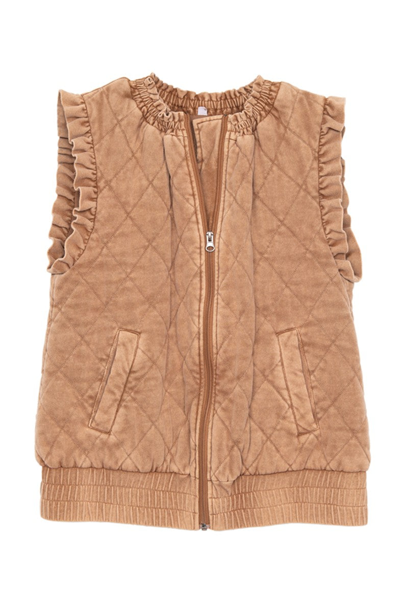 Brown Garment Washed Quilted Ruffle Sleeve Vests