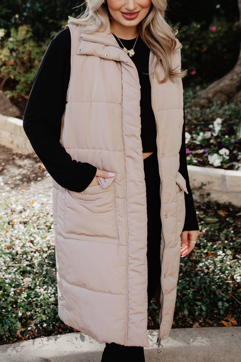 Tan Long Quilted Puffer Vests