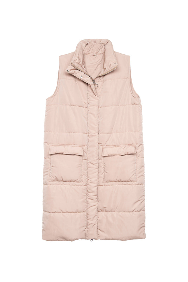 Tan Long Quilted Puffer Vests