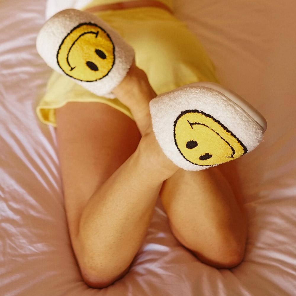 White Fuzzy Smiley Face Slippers