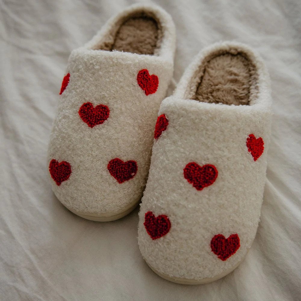 repeat red fuzzy heart slippers