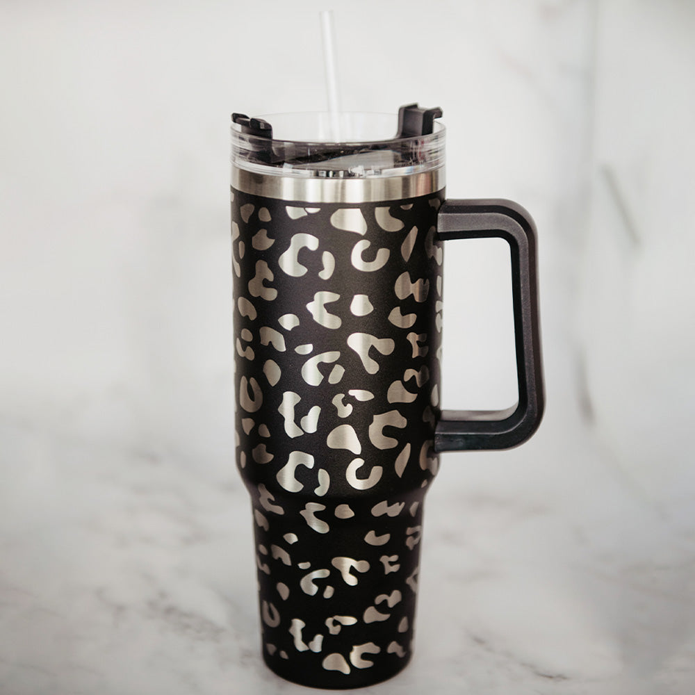 Black METALLIC Leopard Tumbler Cup with Straw