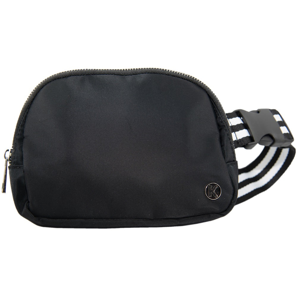 Black Solid Wholesale Belt Bag with Striped Strap