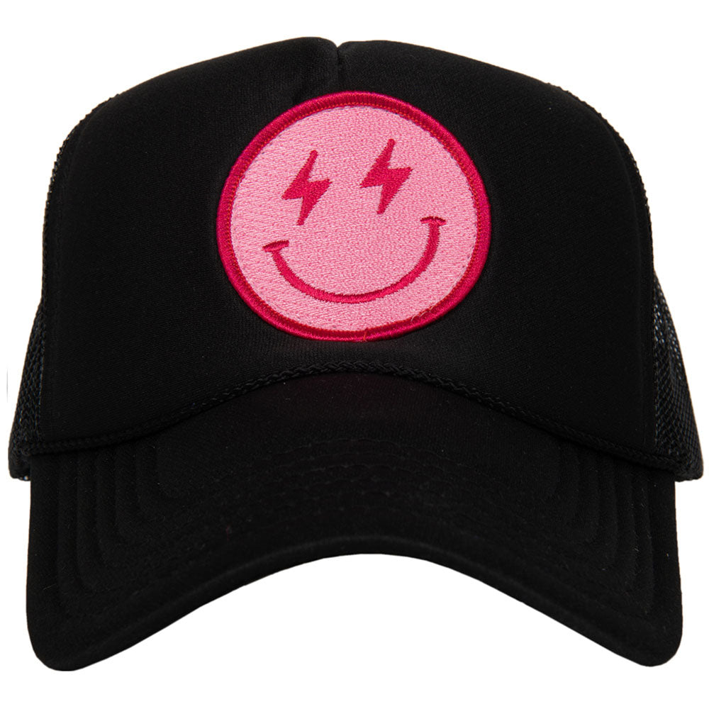 Hot Pink Lightning Smiley Face Foam Trucker Hat (All Black)
